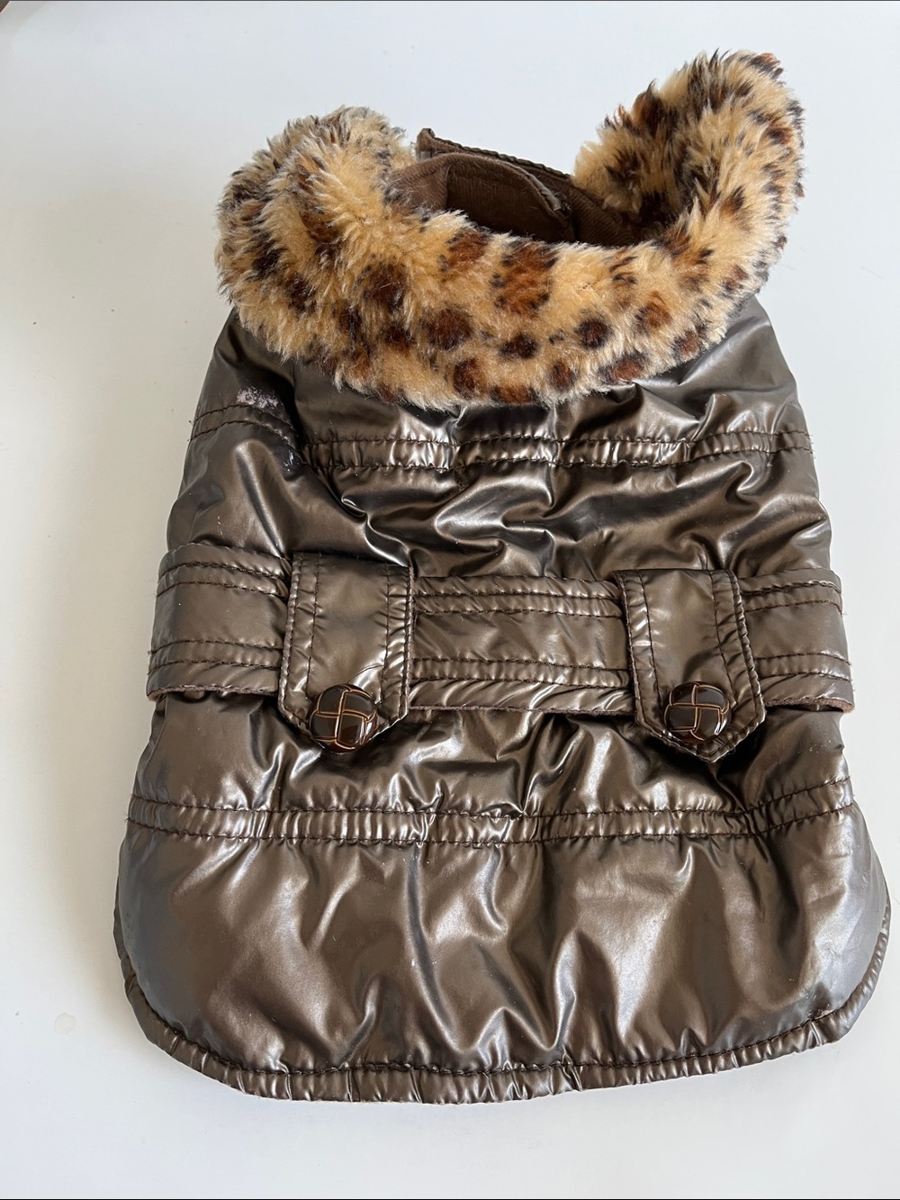 Metallic Brown Dog Puffer Coat with Faux Fur Leopard Collar - Picture 4 of 6